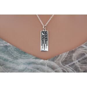 Sterling Silver Rectangle Pine Tree Charm with Moon Necklace